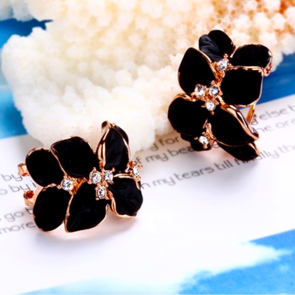 Black Enamel Flower Rose Gold Earrings
